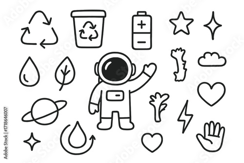 Recycling in Space Doodles. Hand-drawn doodle illustration Recycling systems in space [recycling arrows, bin, astronaut, water