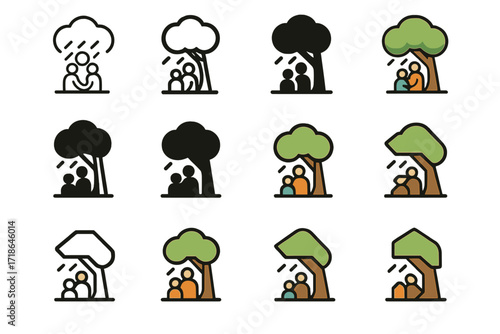 Family Support Logo. Set Logo of Supporting each other in family crises: Tree sheltering family during rain. Logo set in vector