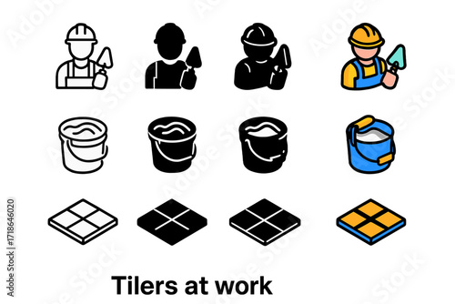Tiling Icon Collection. Icon Set of Tilers at Work: Worker with trowel, Bucket of adhesive, Floor tiles. Icons set in vector style