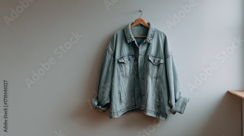 Vintage Blue Denim Jacket Hanging on Wall with Simple Background and Natural Light
