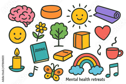 Children's Wellness Retreat Icons. Colorful Hand-drawn doodle Children illustration Mental health retreats [brain symbol,