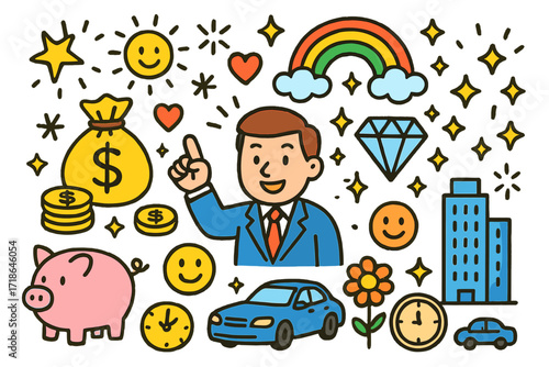 Children's Prosperity Doodles. Colorful Hand-drawn doodle Children illustration Wealth and Prosperity businessman, money bag, gold