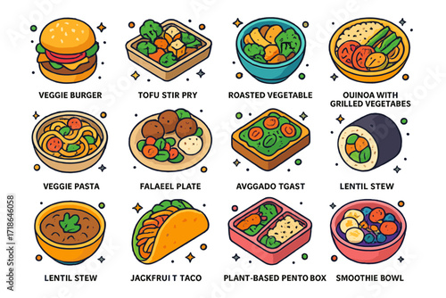 Colorful Vegetarian Icons. Colorful isometric vector icons set of vegetarian meals: veggie burger, tofu stir fry, roasted