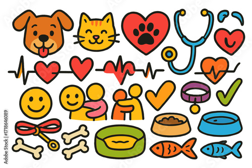 Pet Care Doodle Icons. Colorful Hand-drawn doodle Children illustration Pet heartbeat dog, cat, heart paw, stethoscope, heartbeat