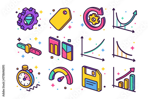 Colorful Machine Learning Icons. Colorful isometric vector icons set of Machine learning training process: data preprocessing gear