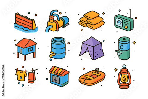 Monsoon Icon Set. Colorful isometric vector icons set of monsoon season items: flood barrier, water pump, sandbags, weather radio,