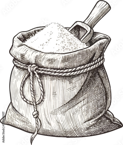 Hand-drawn sketch of a burlap sack filled with sugar and a scoop