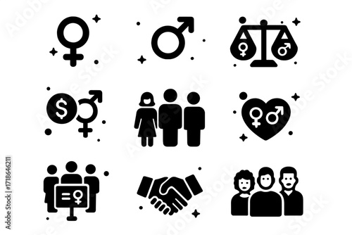 Gender Equality Icons. Gender Equality. Solid icons set of female symbol, male symbol, gender-neutral symbol, equal pay, diverse