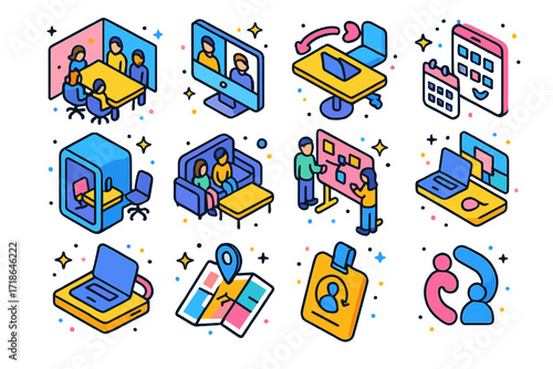Hybrid Office Icons. Hybrid Office. Colorful isometric vector icons set of hybrid office: shared meeting room, video conference