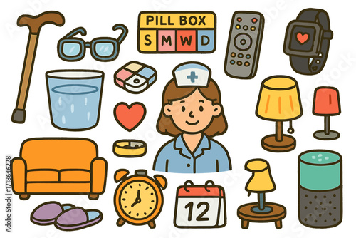 Everyday Assistance Icons. Colorful Hand-drawn doodle Children illustration Daily living assistance [walking cane, glasses, pill
