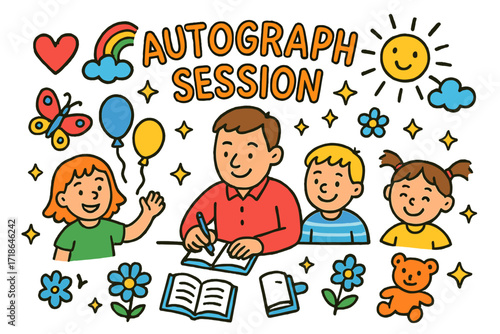 Children's Doodle Autograph Session. Colorful Hand-drawn doodle Children illustration Autograph Session pen, notebook, author,