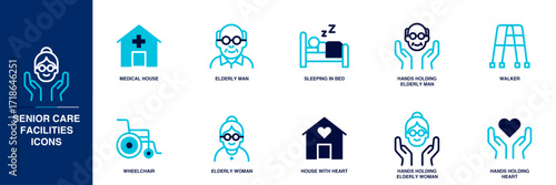 Senior Care Facilities Blue Colored Outline Icon Set