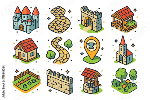 Medieval Town Icon Set. Colorful isometric vector icons set of Medieval town maps: castle illustration, cobblestone street, town