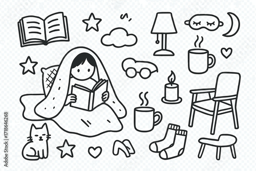 Cozy Reading Essentials. Hand-drawn doodle illustration Reading a book under a blanket open book, blanket, pillow, lamp, mug, cat,