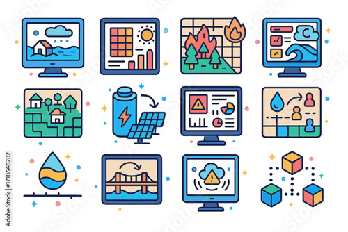 Climate Resilience Icons. Colorful isometric vector icons set of climate resilience scenarios: flood risk simulator, extreme heat
