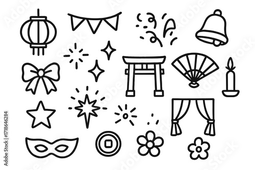 Festival Celebration Icons. Hand-drawn doodle illustration Festival decorations lantern, banner, confetti, bell, ribbon, sparkle,