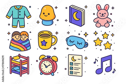 Bedtime Icons Collection. Colorful isometric vector icons set of bedtime bonding with siblings: pajamas set, night light, bedtime