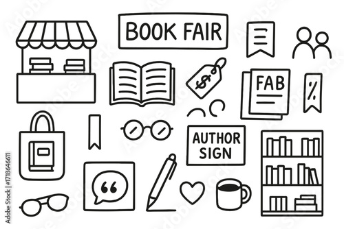 Book Fair Doodle. Hand-drawn doodle illustration Book fair [book stall, stack of books, open book, flyer, price tag, people icon,