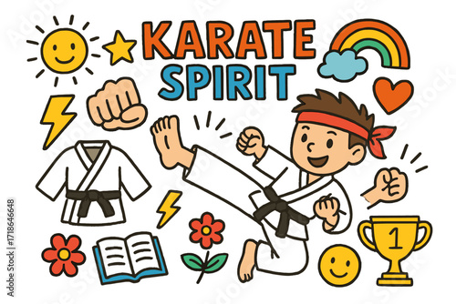 Karate Doodle Kids. Colorful Hand-drawn doodle Children illustration Karate Spirit [karate gi, headband, dojo, punching hand,