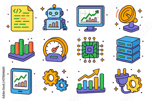 Algorithmic Trading Icons. Colorful isometric vector icons set of algorithmic trading: algorithm code sheet, trading bot, strategy