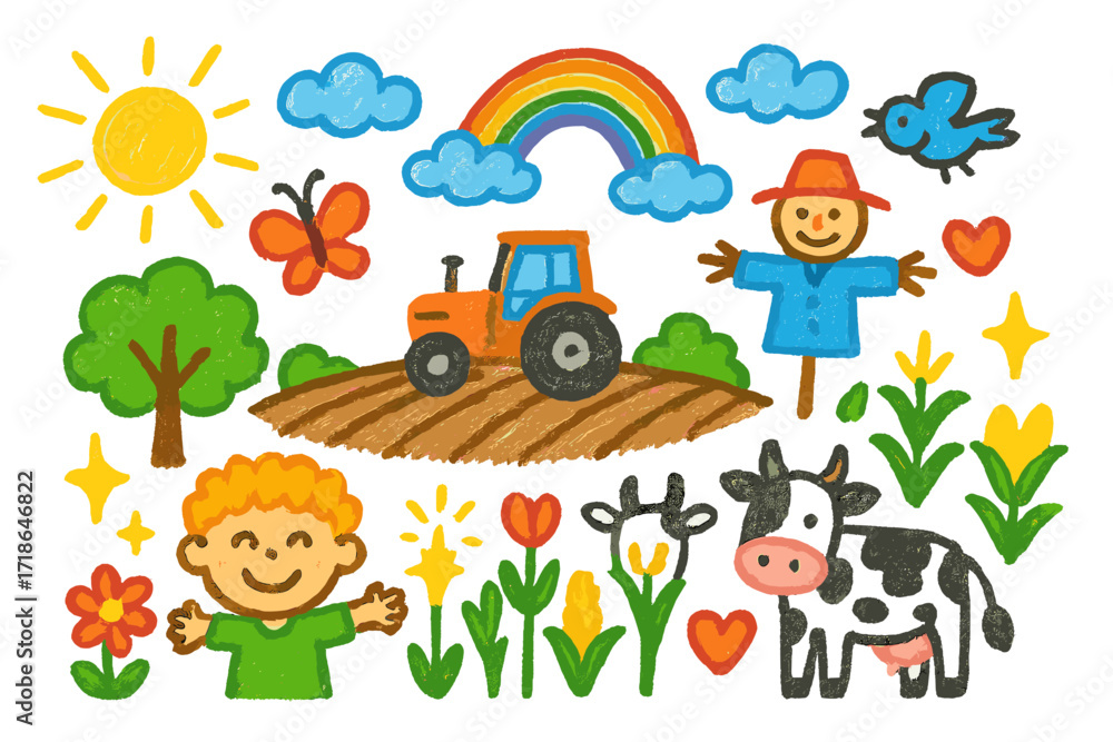 Naklejka premium Cheerful Farm Doodle. Colorful Hand-drawn doodle Children illustration Protecting Fields plowed field, tractor, sun, clouds,