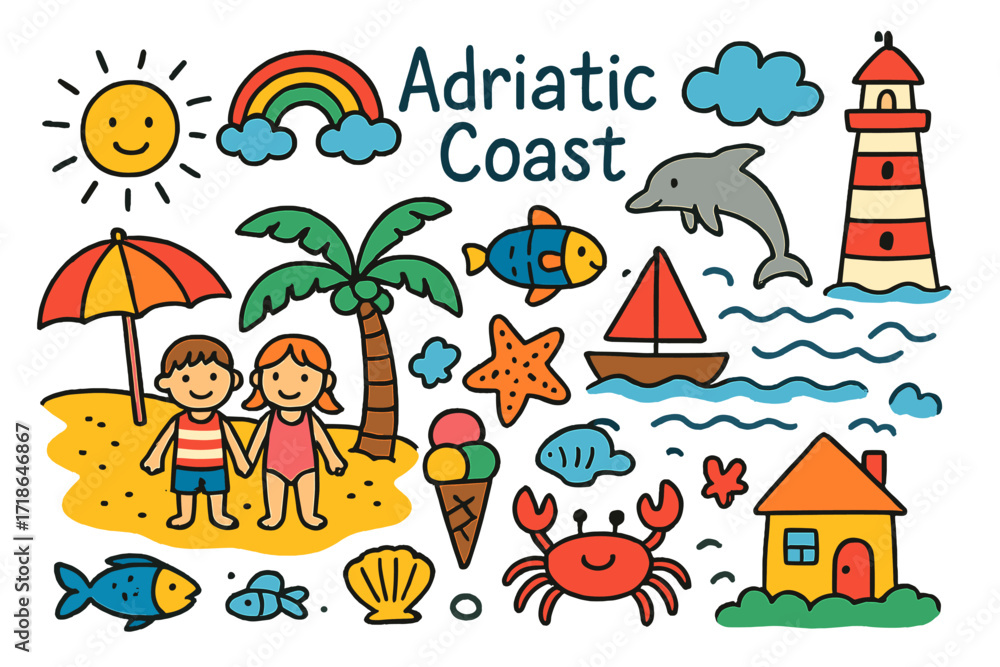Naklejka premium Adriatic Bliss Doodles. Colorful Hand-drawn doodle Children illustration Adriatic Coast [beach, palm tree, sailboat, fish, shell,