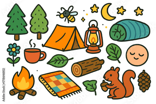 Whimsical Forest Retreat. Colorful Hand-drawn doodle Children illustration Forest retreat trees, tent, lantern, firefly, moon,