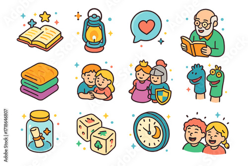Family Storytelling Icons. Colorful isometric vector icons set of Family storytelling time: open book with stars, lantern light,