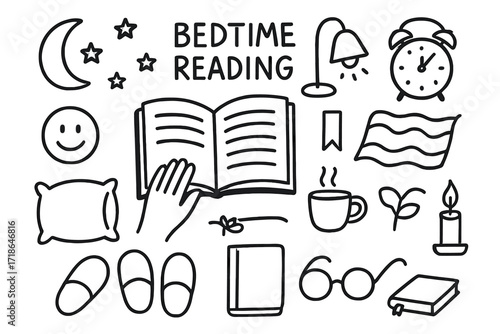 Bedtime Reading Doodle. Hand-drawn doodle illustration Bedtime reading [hand, book, moon icon, stars, bedside lamp, clock, blanket