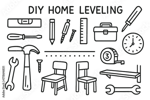 DIY Tools Doodles. Hand-drawn doodle illustration DIY home leveling [bubble level, ruler, pencil, screwdriver, nail, screw, hammer