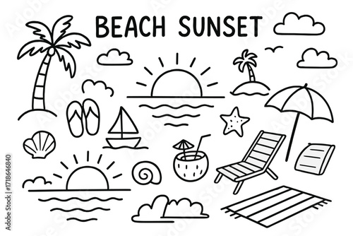 Beach Sunset Doodles. Hand-drawn doodle illustration Beach sunset [palm tree, sun, waves, flip flops, umbrella, boat, island,