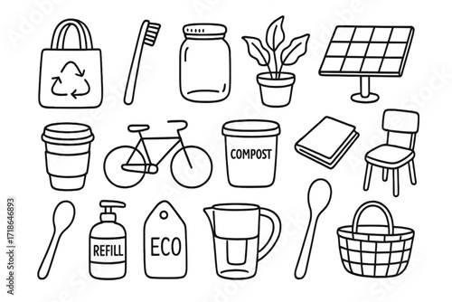 Eco-Friendly Lifestyle Icons. Hand-drawn doodle illustration Minimalist sustainable living reusable bag, bamboo toothbrush, glass