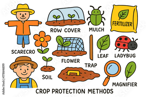 Colorful Crop Protection Illustration. Colorful Hand-drawn doodle Children illustration Crop protection methods scarecrow, row