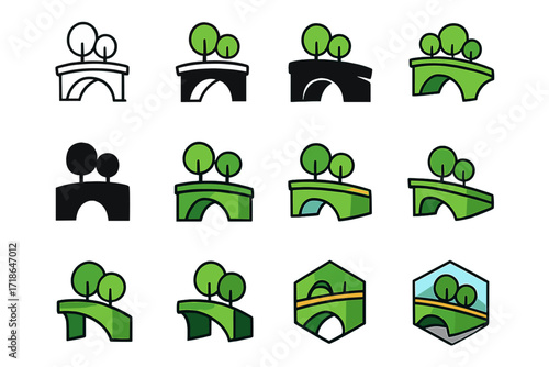 Urban Green Logo Variations. Set Logo of Urban Green Spaces: Green Bridge Overpass. Logo set in vector style, emblematic