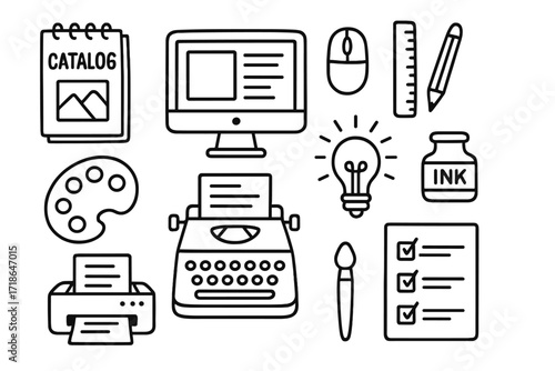 Design Tools Doodle. Graphic Design. Hand-drawn doodle illustration catalog mockup, computer screen, mouse, ruler, pencil,