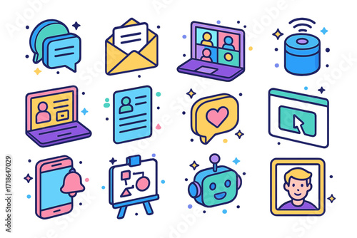 Digital Communication Icon Set. Colorful isometric vector icons set of digital communication platforms: messaging app, email inbox