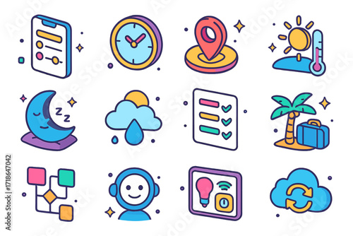 Colorful Climate Icons. Colorful isometric vector icons set of climate automation scenarios: app automation rules, time-based