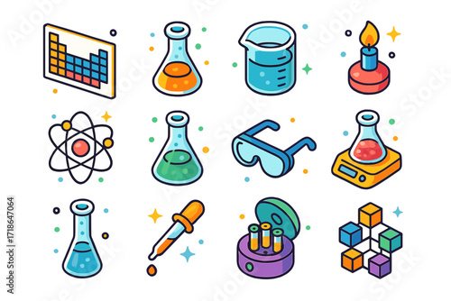 Colorful Scientific Icons. Colorful isometric vector icons set of scientific equipment related to elements: periodic table chart,