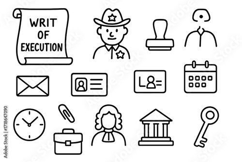 Legal Doodle Icons. Hand-drawn doodle illustration Bailiffs or sheriffs enforcing legal procedures sheriff badge, handcuffs, court