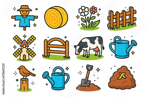 Colorful Farm Icons. Colorful isometric vector icons set of farm meadow edge: scarecrow, hay bale, wildflowers, wooden fence,