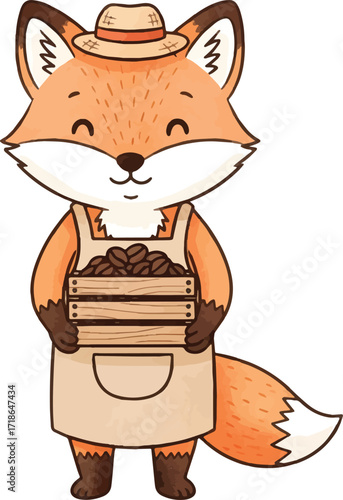 Fox barista holding coffee beans in a wooden crate wearing a hat and apron.