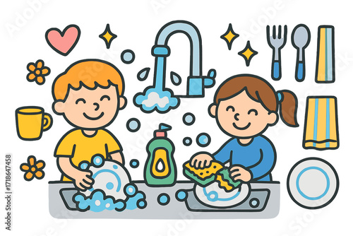 Children Washing Dishes. Colorful Hand-drawn doodle Children illustration Washing Dishes sink, faucet, sponge, bubbles, dish soap,