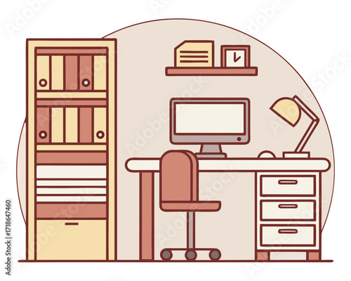 Cozy Home Office Workspace – Desk, Books, Computer