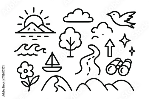 Horizon Doodle Icons. Hand-drawn doodle illustration Horizon in the distance [sun, mountain, sea wave, cloud, tree, path, star,