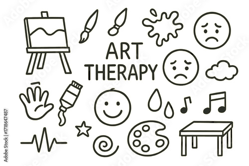 Art Therapy Doodles. Hand-drawn doodle illustration Art therapy and emotional release canvas, paintbrush, paint splash, happy face