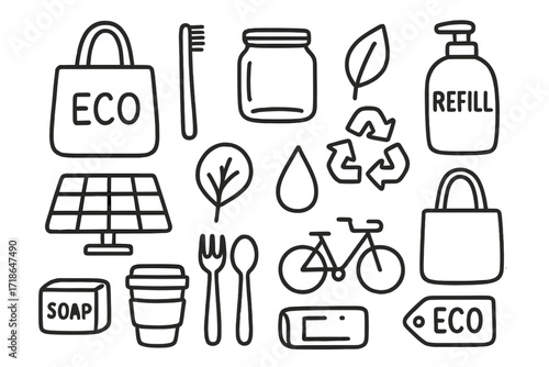 Eco-Friendly Icons Doodles. Hand-drawn doodle illustration Eco-friendly consumer products [reusable bag, bamboo toothbrush, glass