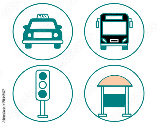 Public Transport and Traffic Icon Set with Taxi, Bus, Traffic Light and Bus Stop