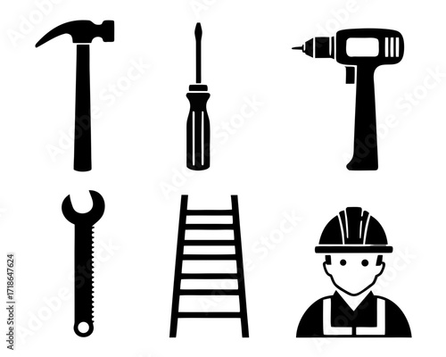 Construction and Repair Tools Vector Icons with Worker Silhouette
