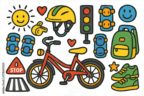 Bike Safety Doodle. Colorful Hand-drawn doodle Children illustration bike safety helmet, knee pads, elbow pads, traffic light,