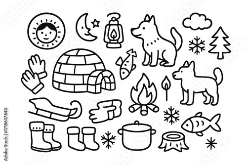 Arctic Village Doodle. Hand-drawn doodle illustration Arctic village life [igloo, sled, sled dog, fire, fish, lantern, fur hood,